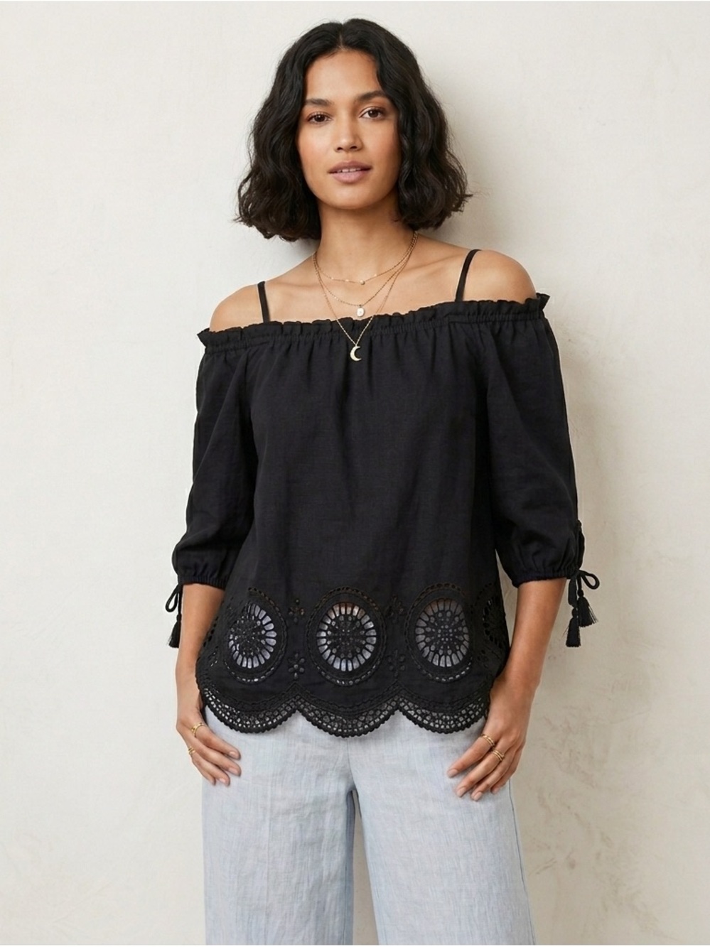 LOFT Black Cotton Poplin Off-The-Shoulder Eyelet Blouse Top Size S